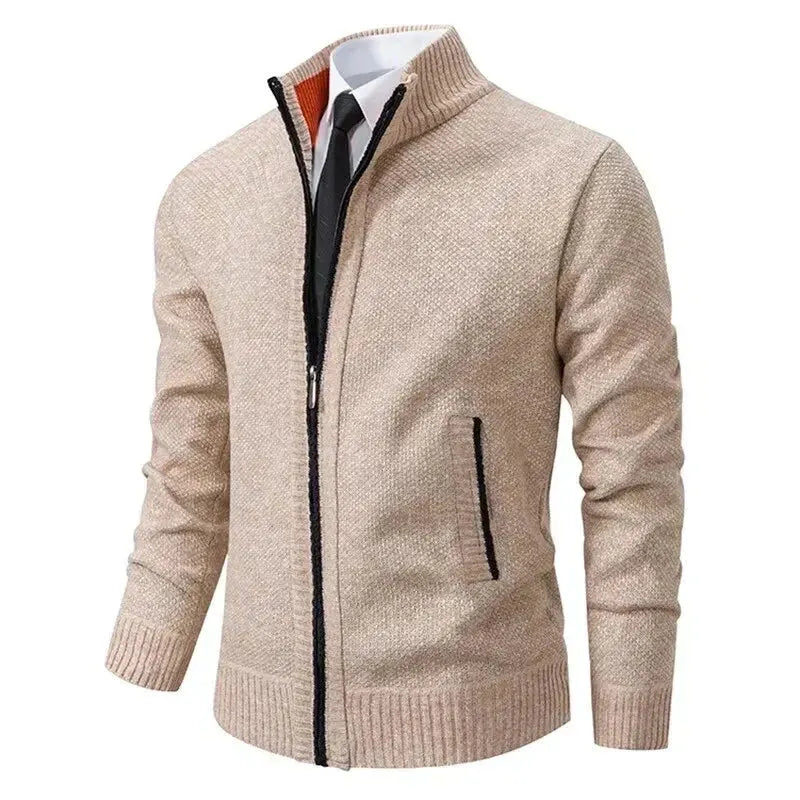 Men's full-zip knit cardigan with stand collar and ribbed trims