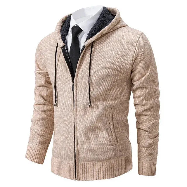 Men's full-zip knit cardigan with stand collar and ribbed trims