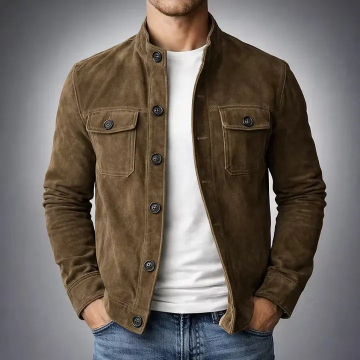 Men's vintage suede single-breasted jacket with stand collar and chest flap pockets