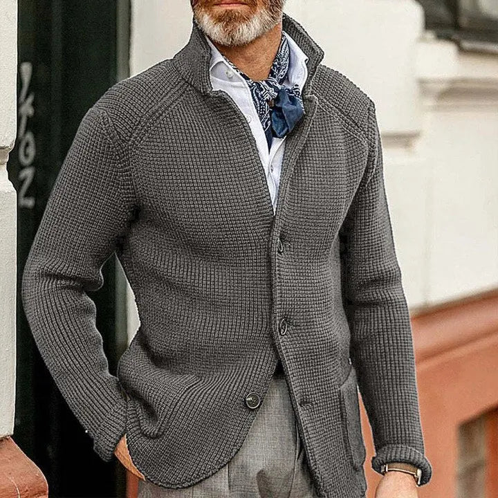 Men's thick cotton-blend cardigan jacket with button front and patch pockets