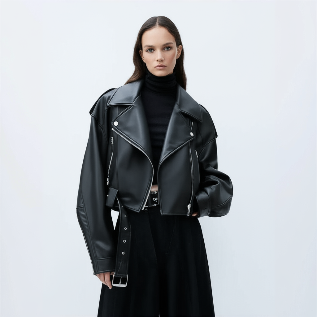 Kallos London Women's Oversized Vintage Loose PU Faux Leather Short Jacket