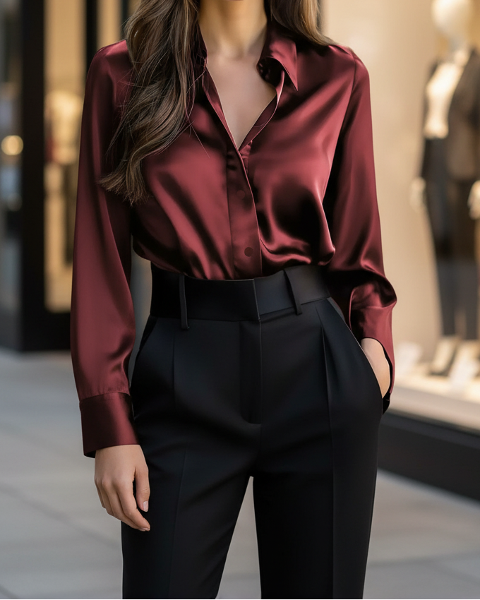 Satin-Sheen Long-Sleeve Button-Up Blouse for Women