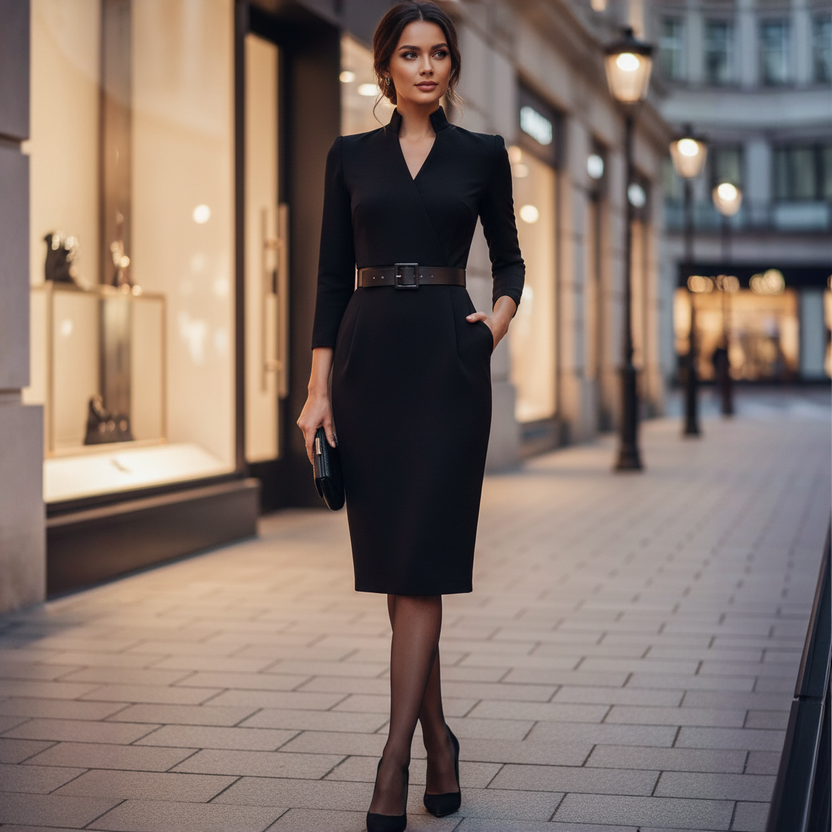 Elegant Belted Dress with Mandarin Collar