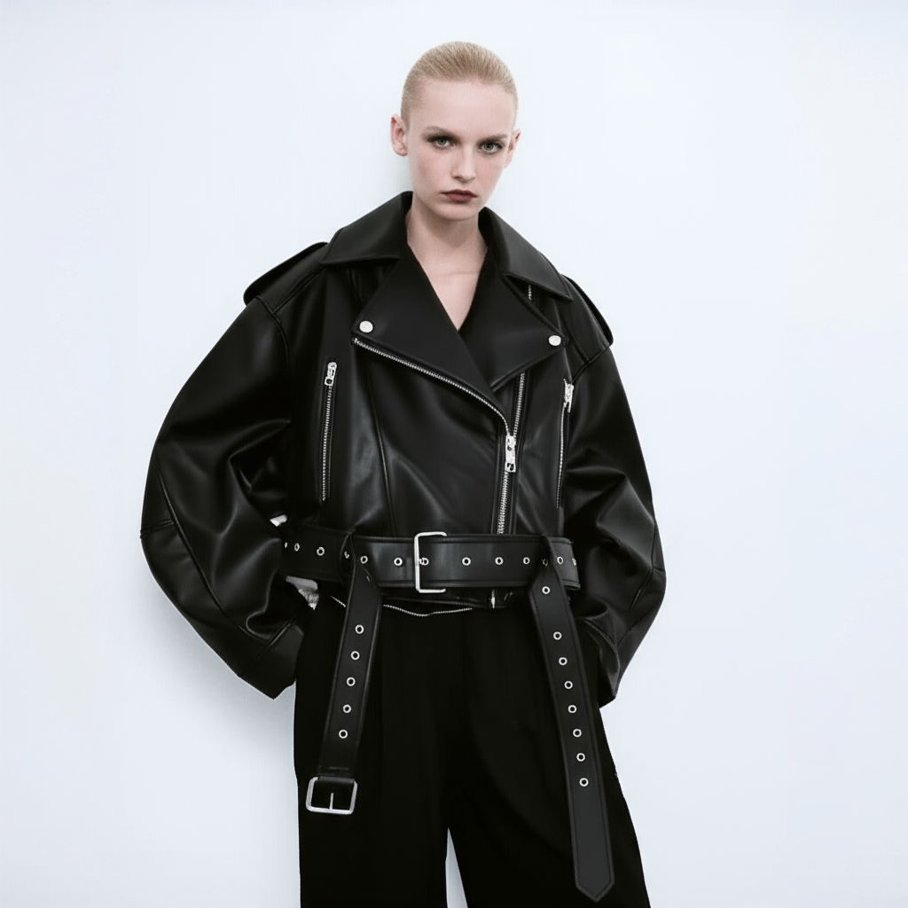 Kallos London Women's Oversized Vintage Loose PU Faux Leather Short Jacket