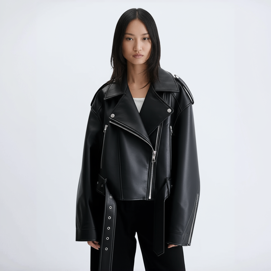 Kallos London Women's Oversized Vintage Loose PU Faux Leather Short Jacket