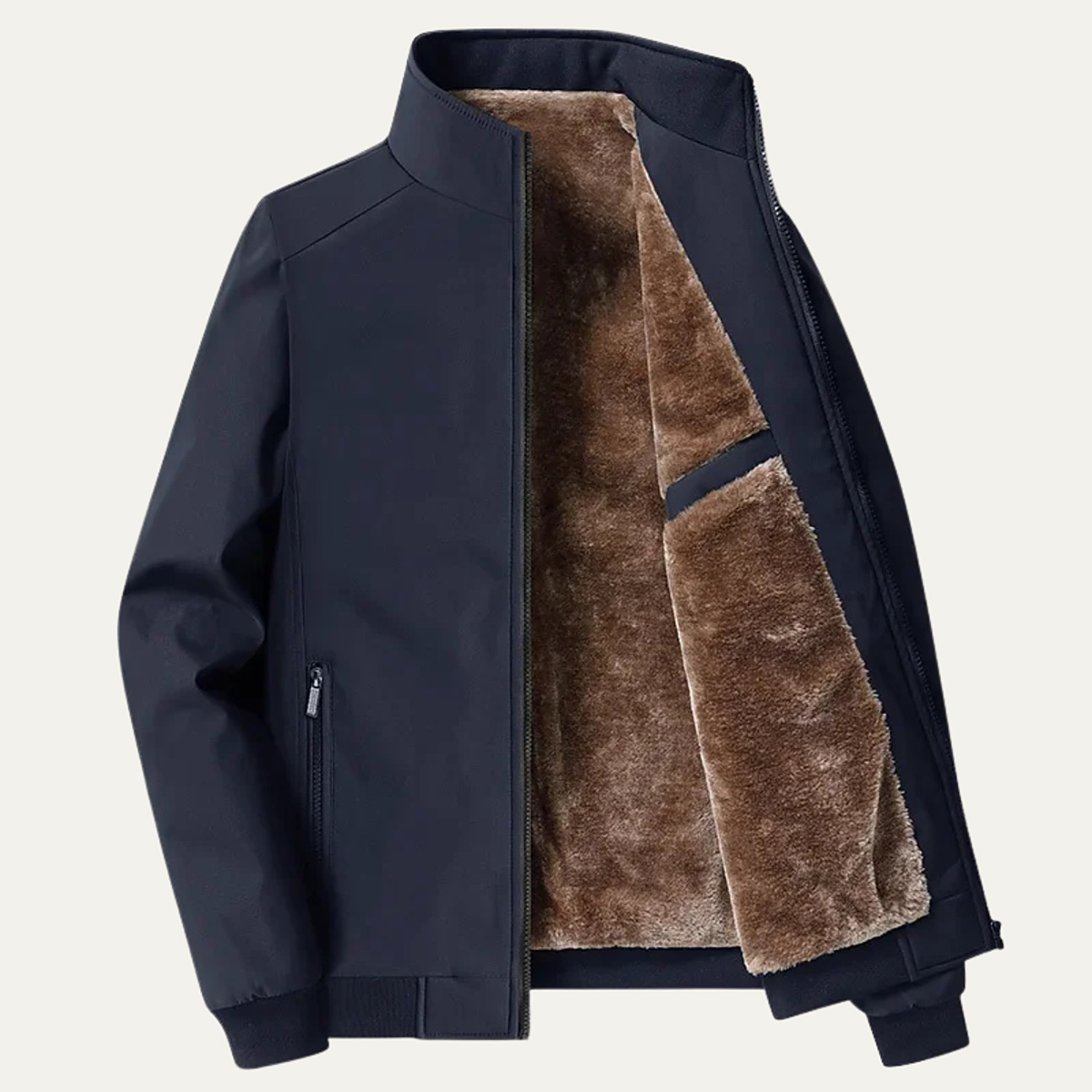 Men's fleece-lined zip jacket with stand collar and ribbed cuffs
