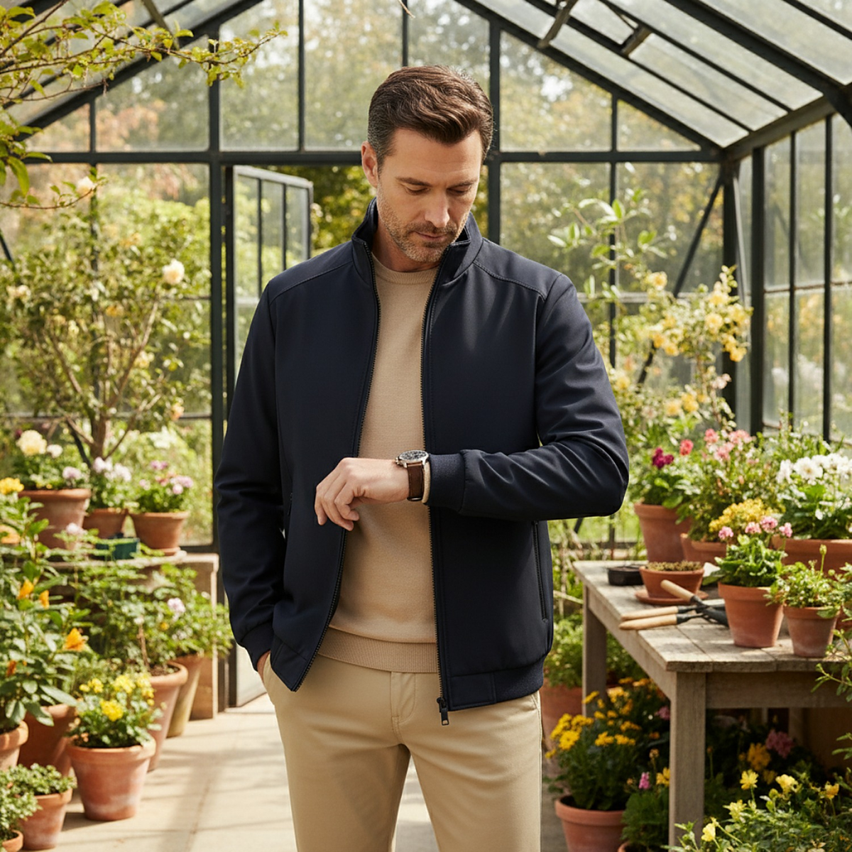 Men's fleece-lined zip jacket with stand collar and ribbed cuffs