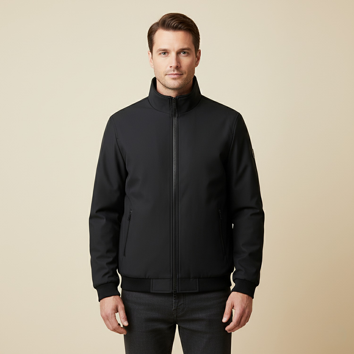 Men's fleece-lined zip jacket with stand collar and ribbed cuffs