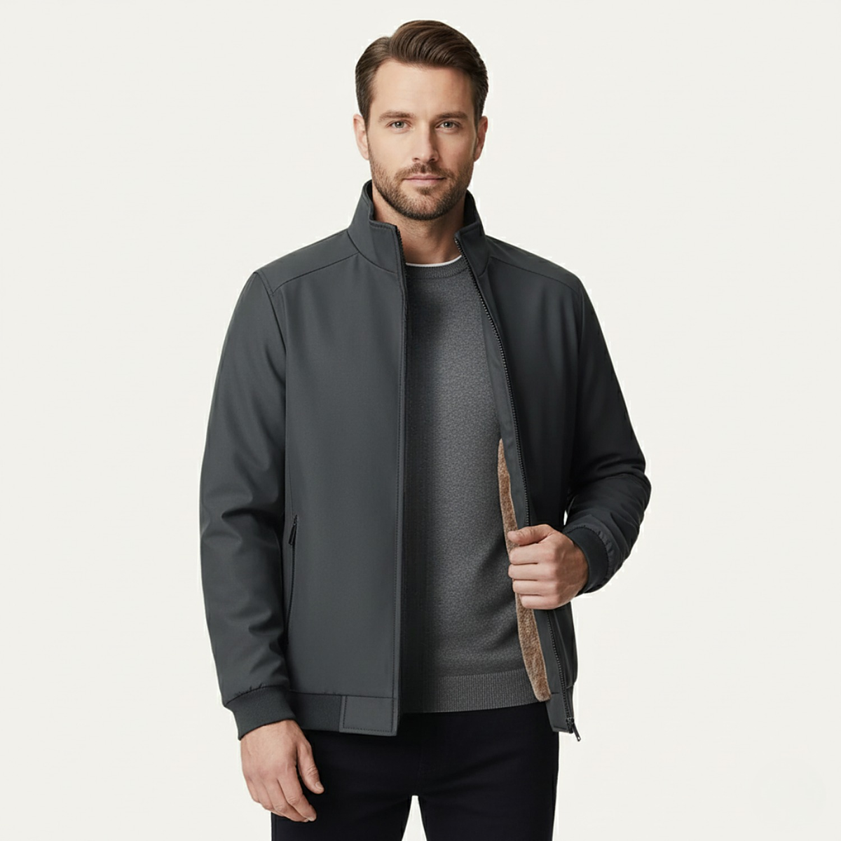 Men's fleece-lined zip jacket with stand collar and ribbed cuffs