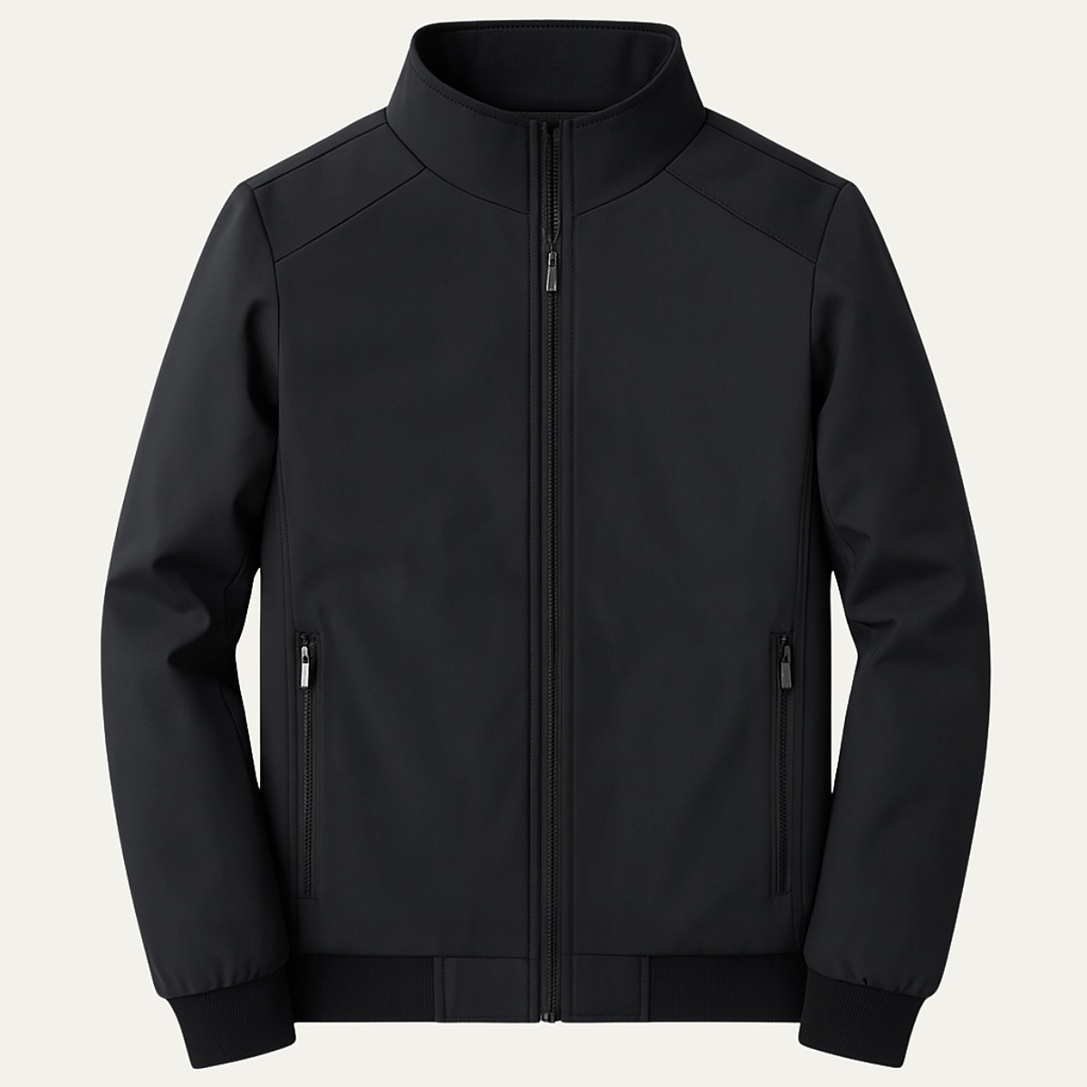 Men's fleece-lined zip jacket with stand collar and ribbed cuffs