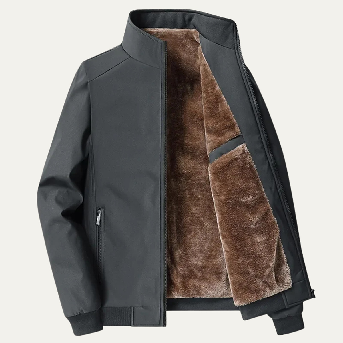 Men's fleece-lined zip jacket with stand collar and ribbed cuffs