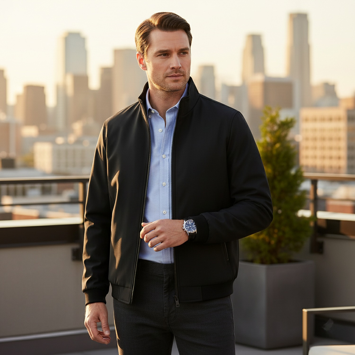 Men's fleece-lined zip jacket with stand collar and ribbed cuffs